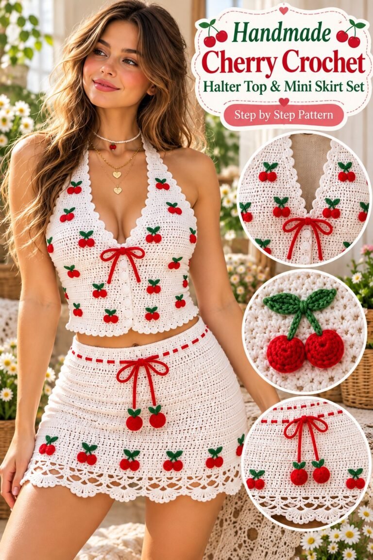 Handmade Cherry Crochet Halter Top and Mini Skirt Set