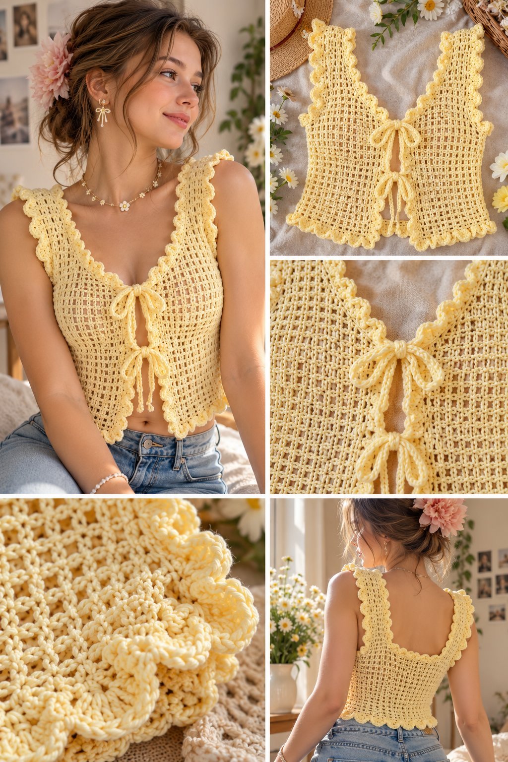 Crochet Summer Top Butter Yellow Mesh Design
