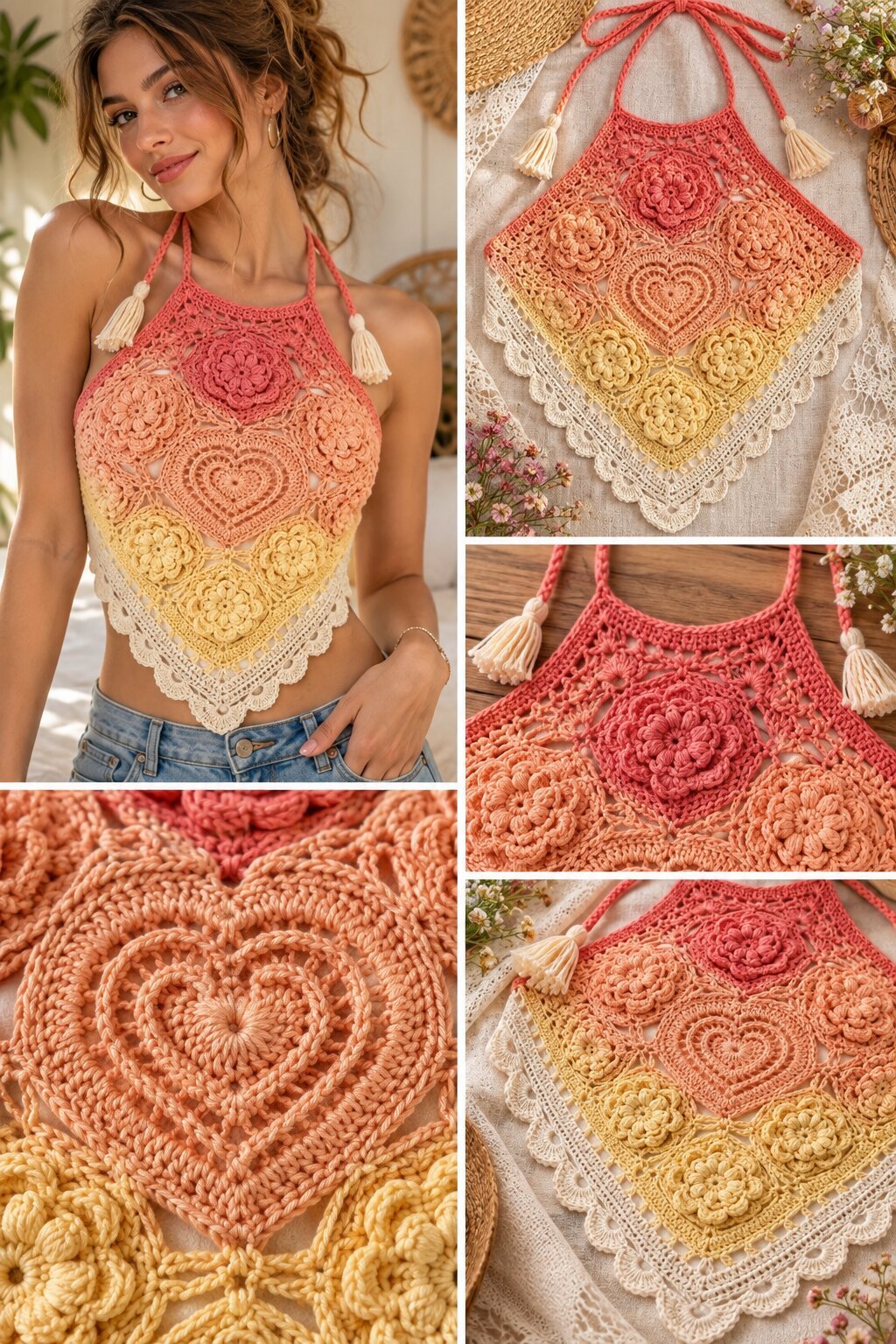 Sunset Gradient Floral Heart Halter Free Crochet Pattern