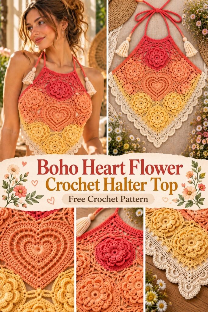 Sunset Gradient Floral Heart Halter Free Crochet Pattern