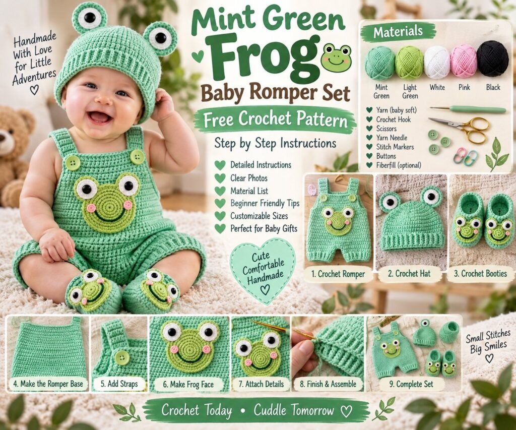 Mint Green Frog Baby Romper Set Free Crochet Pattern