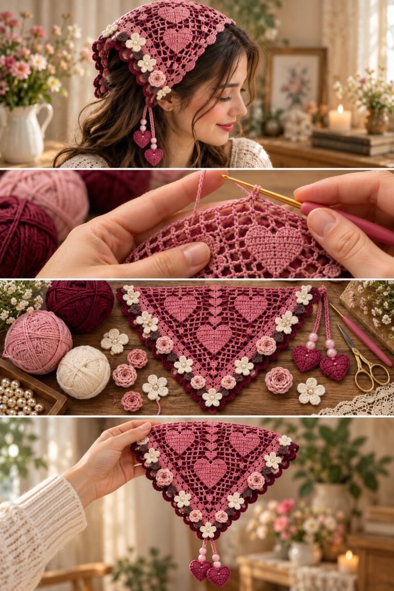 Berry Heart Lace Hair Kerchief Crochet Pattern