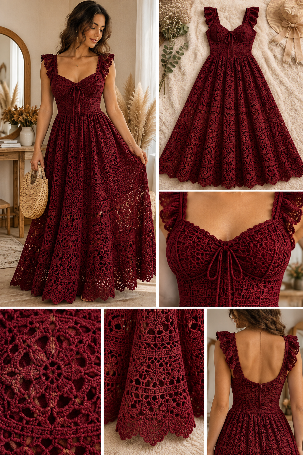 Wine Red Crochet Maxi Dress | Elegant Boho Lace Dress