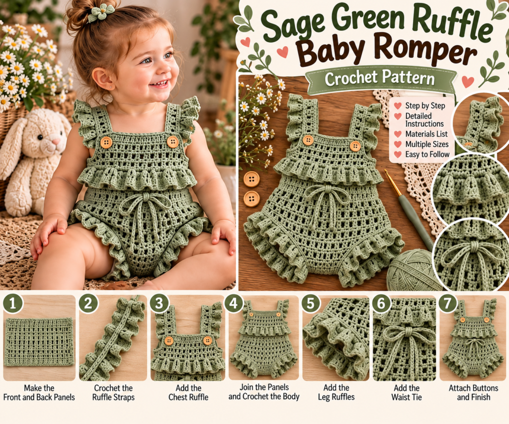 Sage Green Ruffle Baby Romper: An Heirloom-Style Crochet