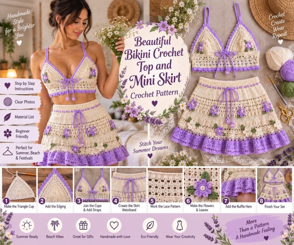 BEAUTIFUL BIKINI CROCHET TOP AND MINI SKIRT