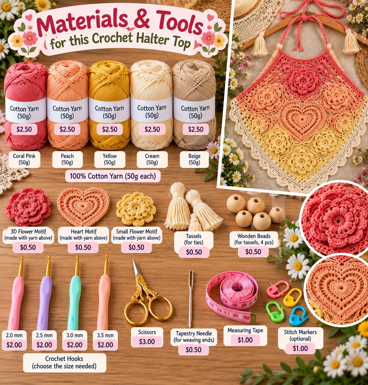 Sunset Gradient Floral Heart Halter Free Crochet Pattern