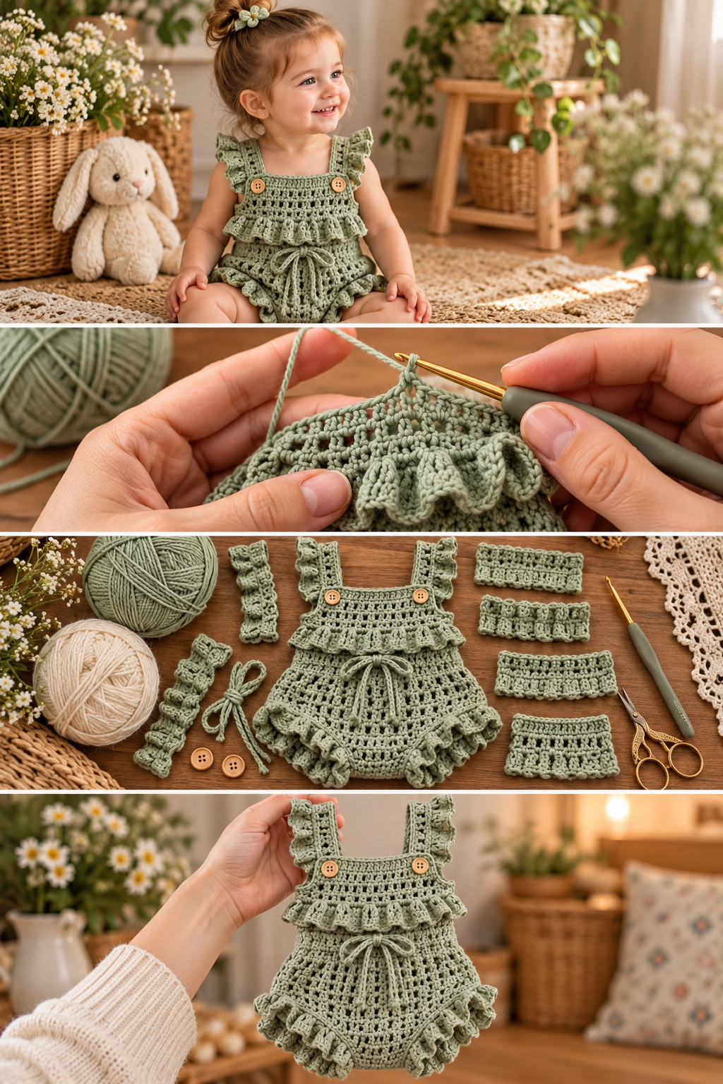 Sage Green Ruffle Baby Romper: An Heirloom-Style Crochet