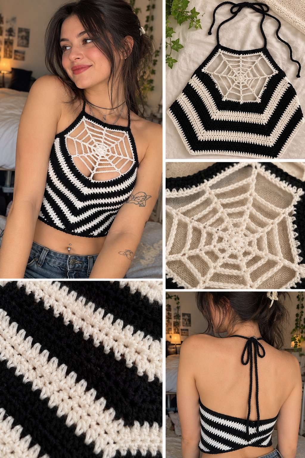 Spider Web Crochet Top: A Bold Black and White Halter Design