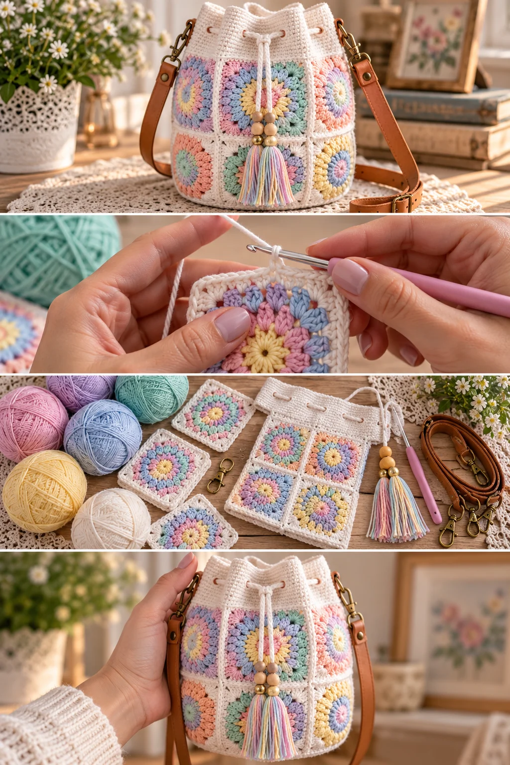 Pastel Rainbow Granny Square Bucket Bag Free Crochet Pattern