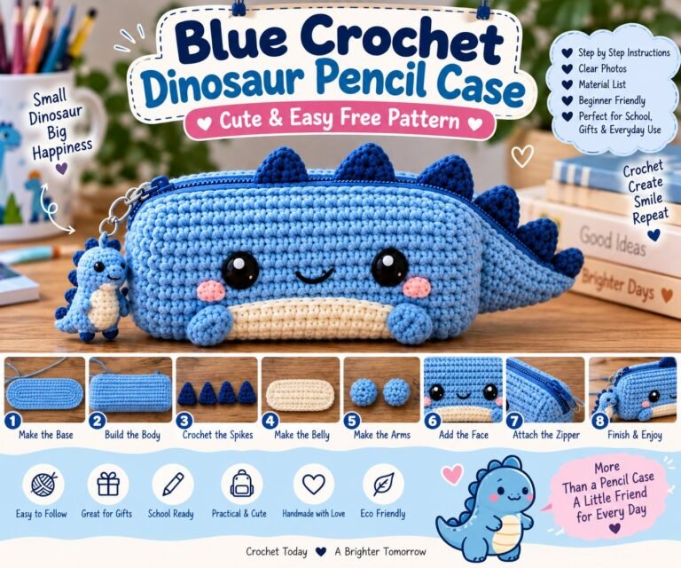 BLUE CROCHET DINOSAUR PENCIL CASE – CUTE & EASY FREE PATTERN