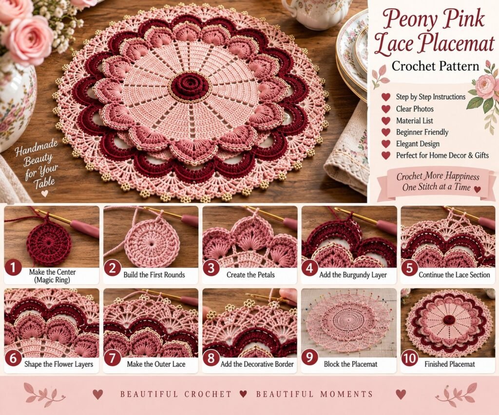 Peony Pink Lace Placemat Crochet Pattern