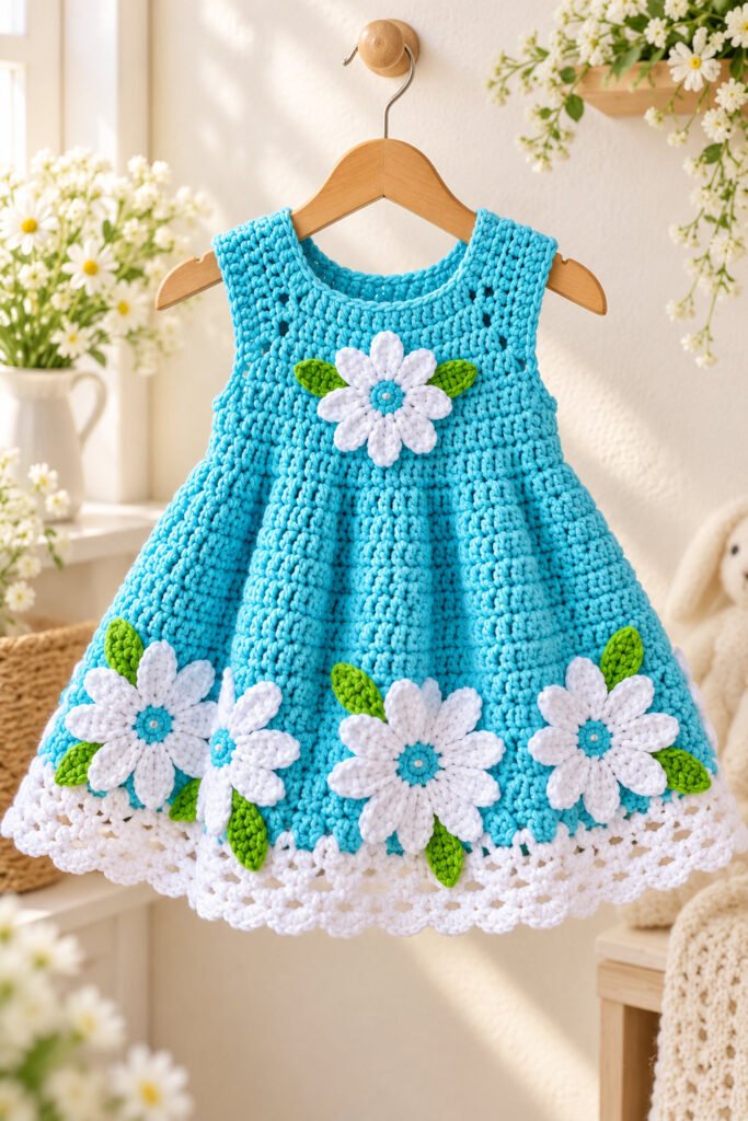 Turquoise crochet baby frock with white daisy appliques and green leaves on a hanger