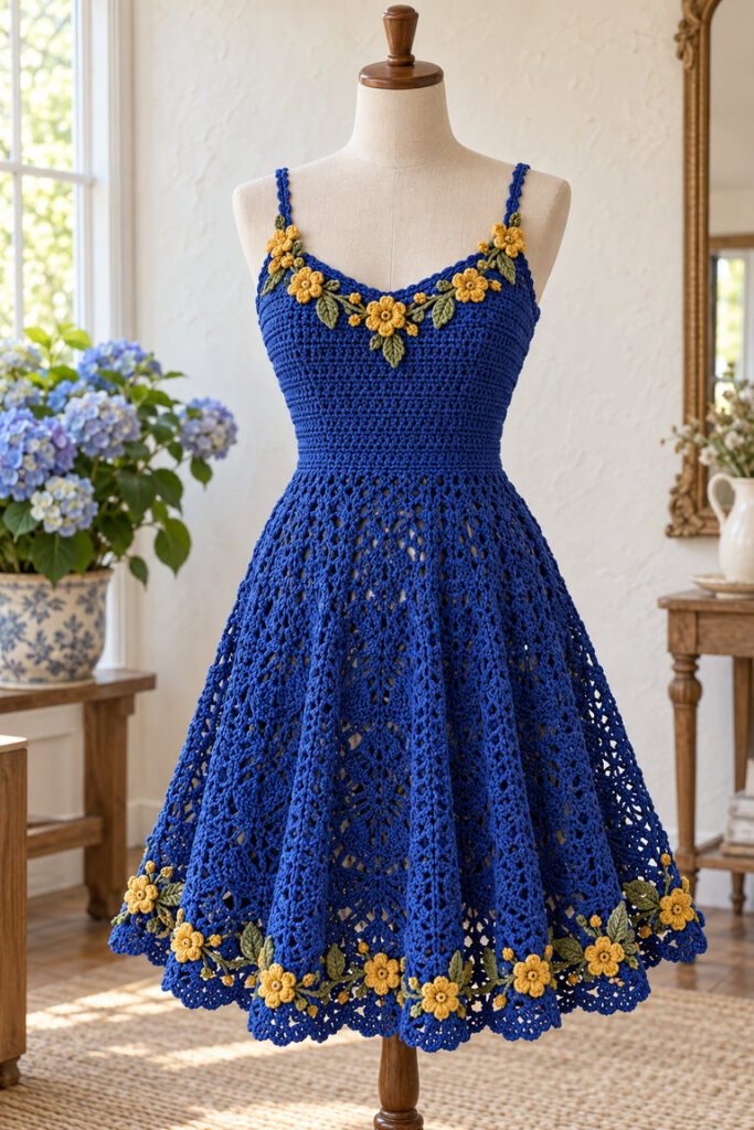 Cobalt-blue crochet summer dress on a dress form with golden flowers and green leaves