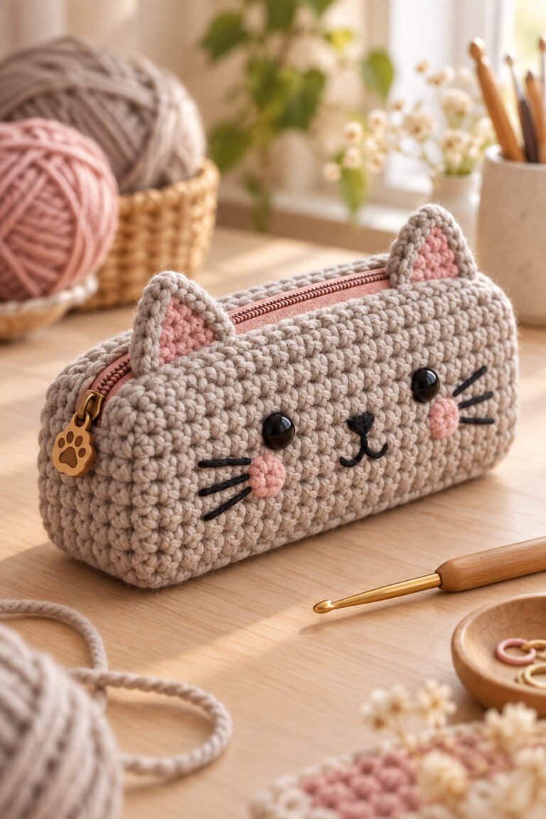 Taupe crochet cat pencil case with dusty rose ears, embroidered whiskers, and a rose zipper