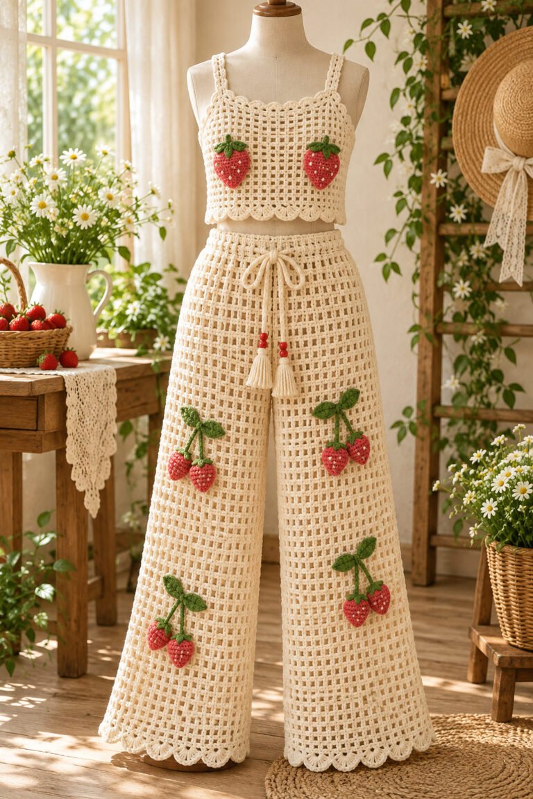 Cream openwork wide-leg crochet pants with strawberry appliques and a matching top displayed on a dress form