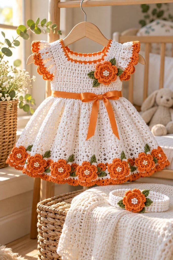 White crochet baby girl dress with orange flutter sleeve trim, floral appliques, waist ribbon, matching headband, and scalloped hem