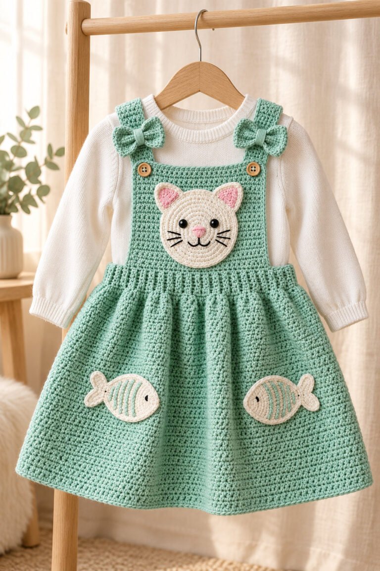 Seafoam crochet kitty cat pinafore dress with cream cat applique and fish motifs, displayed on a hanger over a cream shirt.