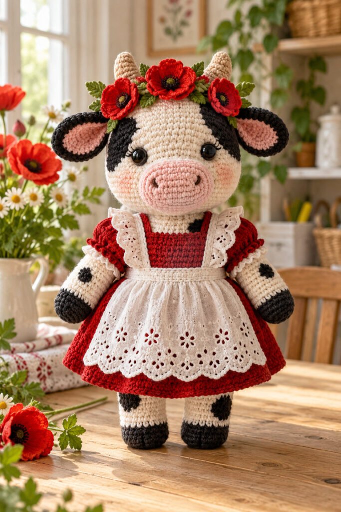 Handmade cream and black crochet cow wearing a red dress, white apron, and red poppy flower crown