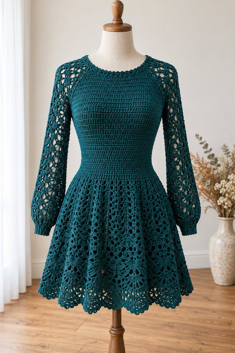 Deep teal long-sleeve crochet mini dress on a dress form with open lace sleeves and a scalloped hem