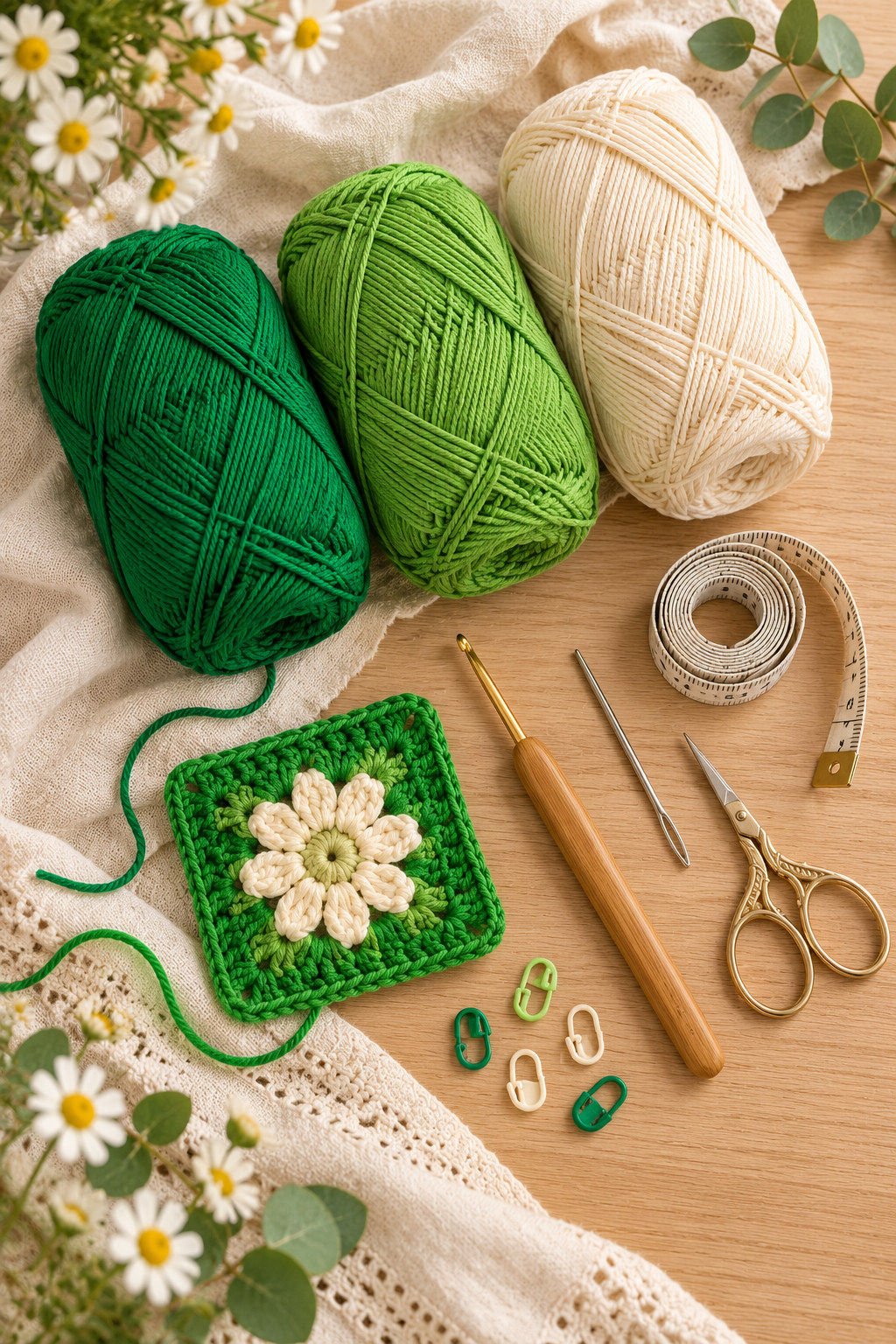 Emerald, leaf green, and cream yarn with a crochet hook, scissors, measuring tape, stitch markers, tapestry needle, and a daisy swatch