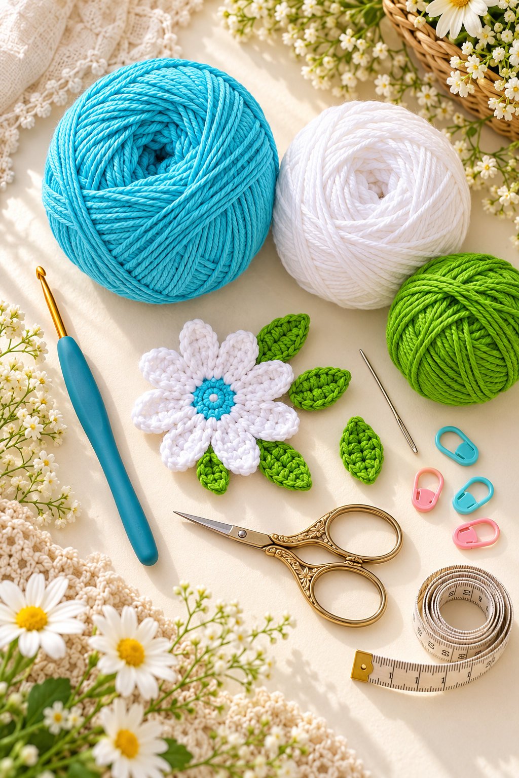 Turquoise, white, and green yarn with crochet hook, scissors, tape measure, markers, and a daisy swatch