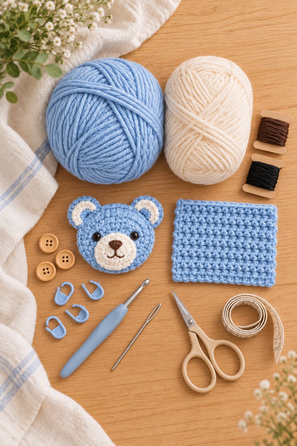 Powder-blue and cream yarn, crochet hook, small buttons, and tools for a blue bear crochet romper