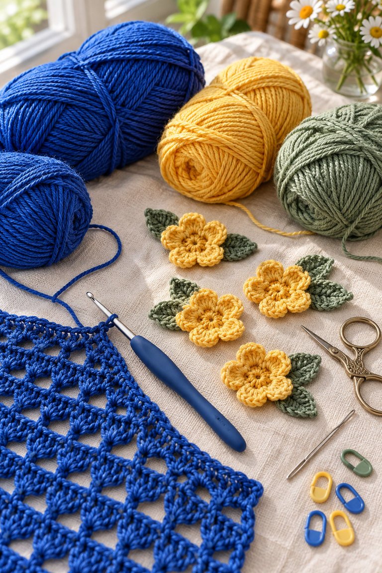 Cobalt, golden-yellow, and sage yarn with crochet flowers, hook, scissors, needle, and stitch markers