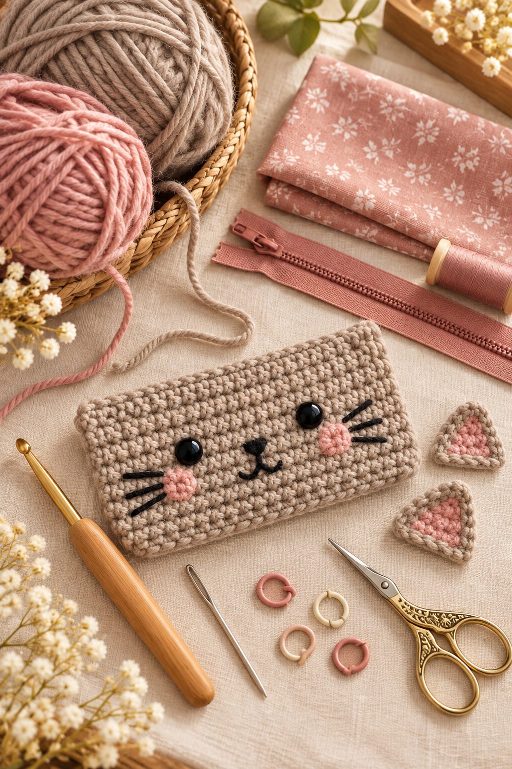 Taupe and dusty rose yarn with crochet hook, zipper, lining fabric, thread, scissors, and tapestry needle