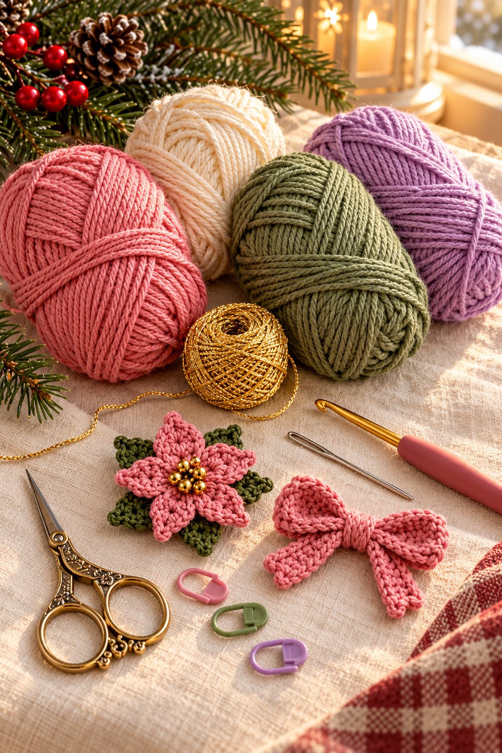 Rose, ivory, sage, and lavender yarn with crochet tools and small crocheted bow and flower motifs