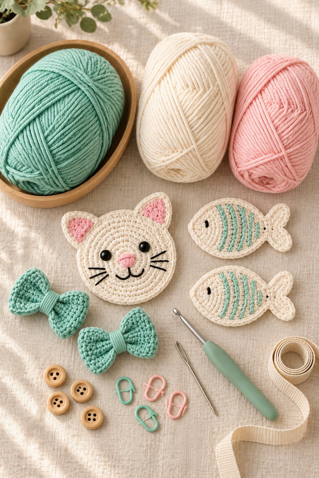 Mint, cream, and blush yarn with crochet hook, tapestry needle, scissors, stitch markers, buttons, and cat and fish appliques.