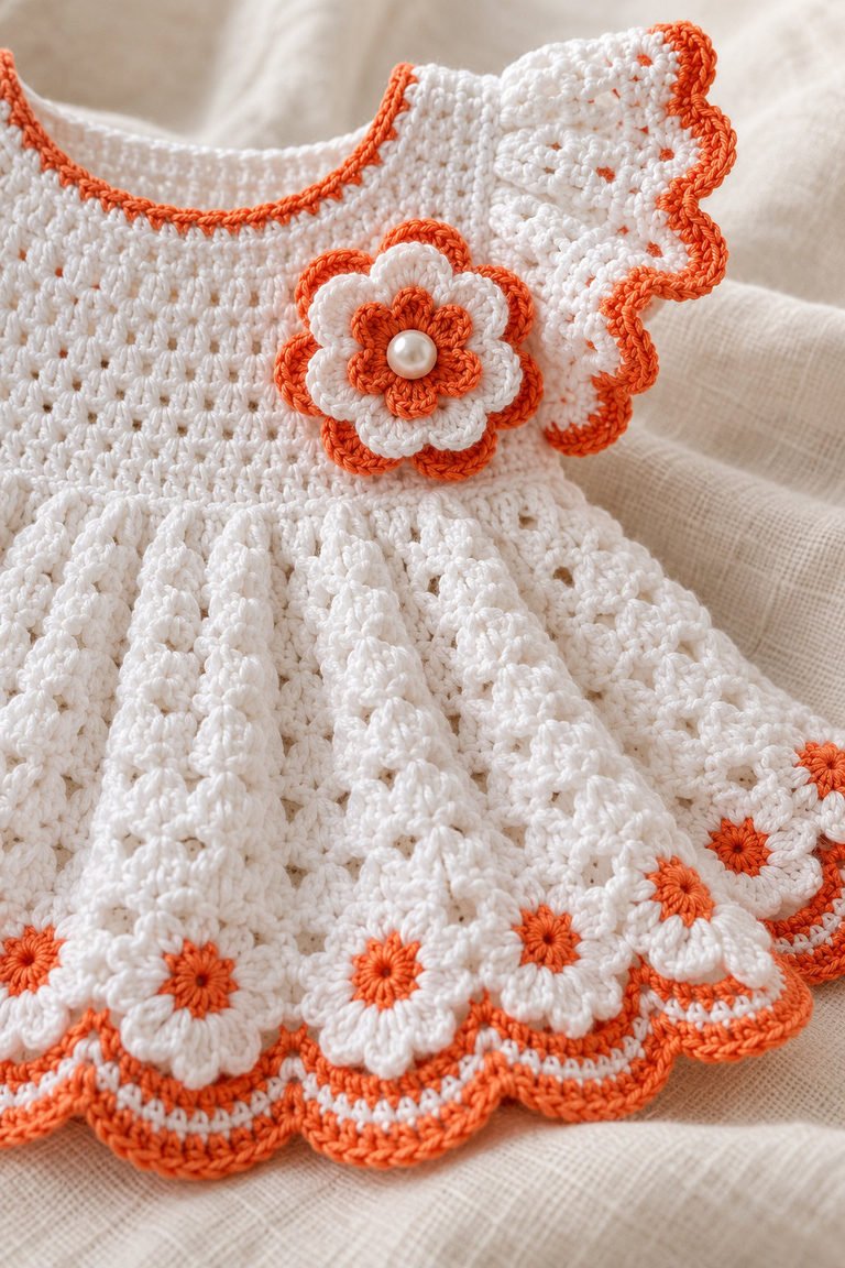 White and orange yarn, crochet hook, scalloped floral swatch, scissors, measuring tape, and stitch markers for a baby dress