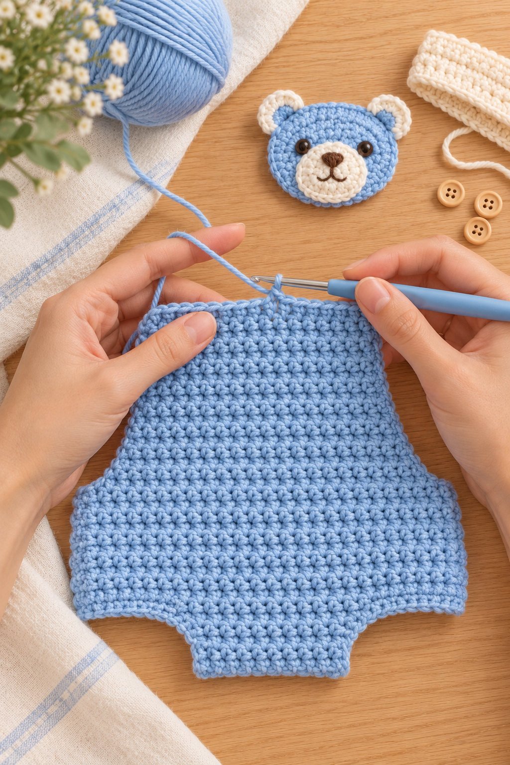Hands crocheting a powder-blue textured panel for the blue bear pocket crochet romper