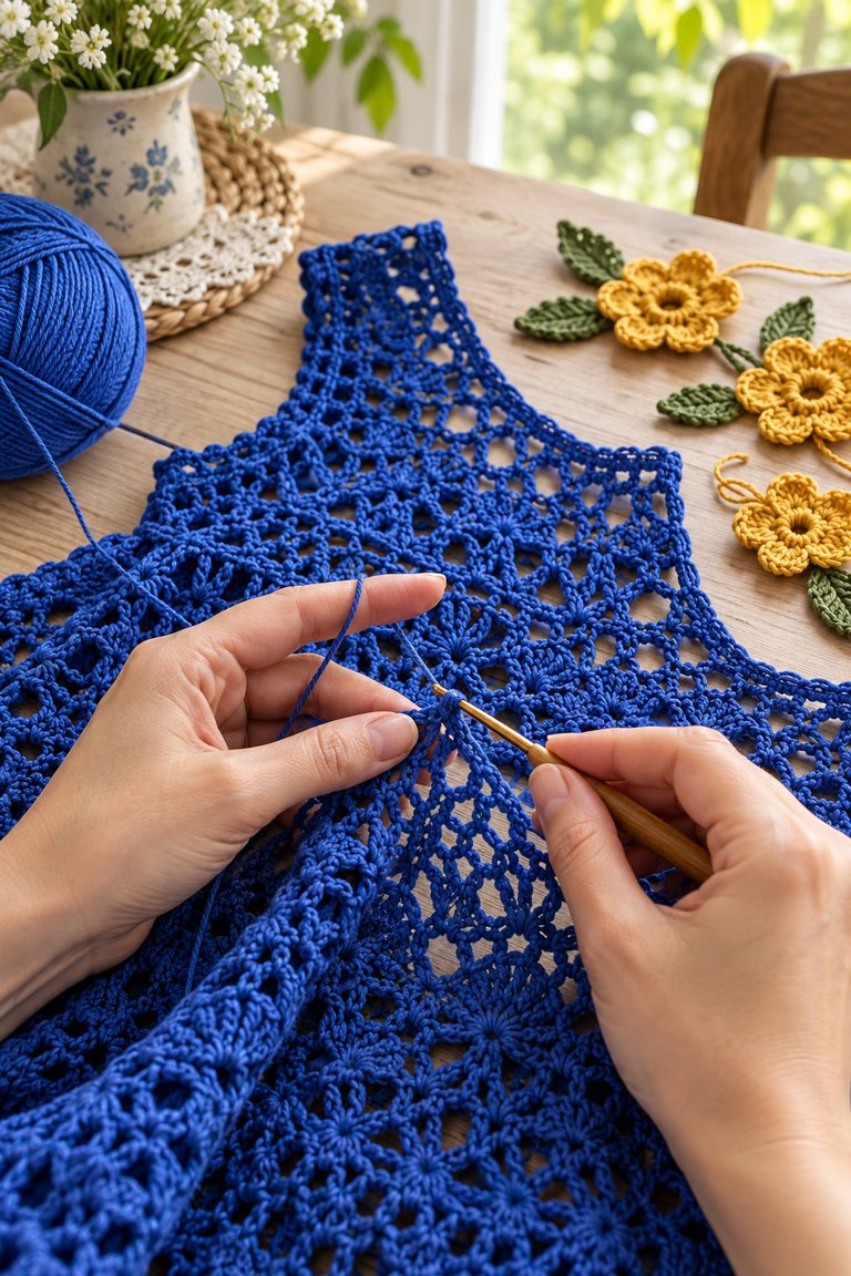 Hands crocheting cobalt-blue openwork dress fabric with a crochet hook and yellow flower motifs nearby