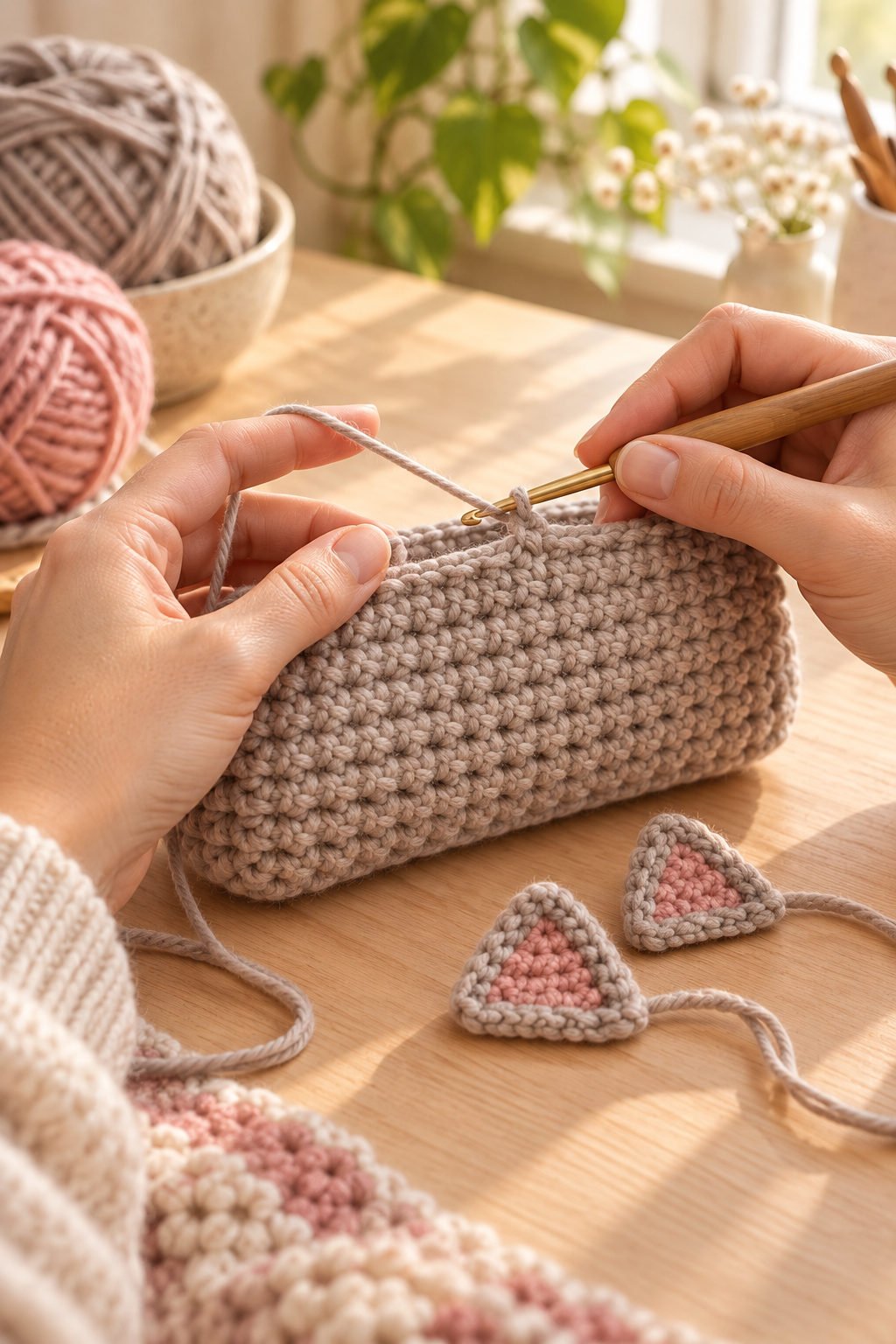 Hands crocheting a taupe pouch panel with pink inner-ear pieces nearby