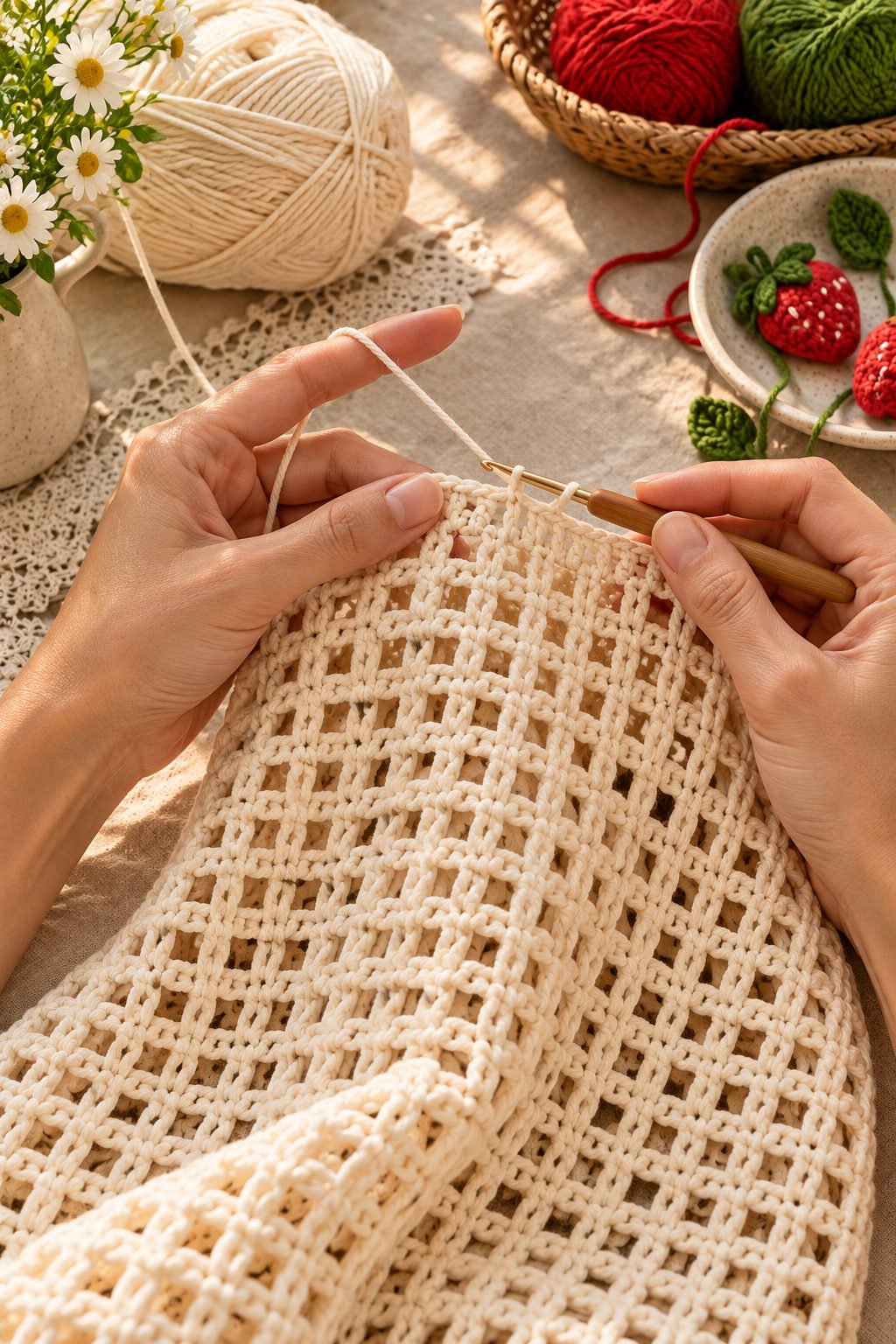 Hands crocheting cream openwork fabric for wide-leg crochet pants