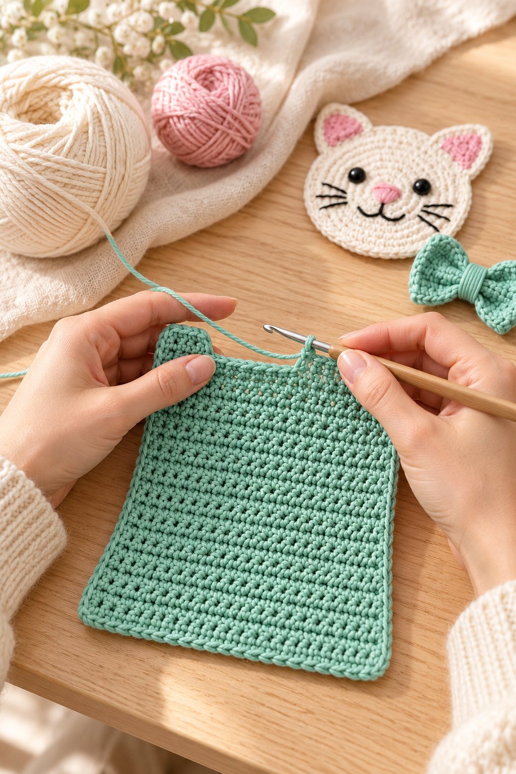 Hands crocheting a seafoam mint bib panel for a kitty cat pinafore beside cream and pink yarn.