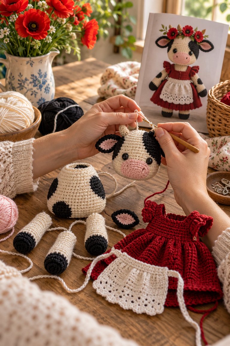 Hands crocheting a black-and-cream amigurumi cow beside red dress and white apron pieces