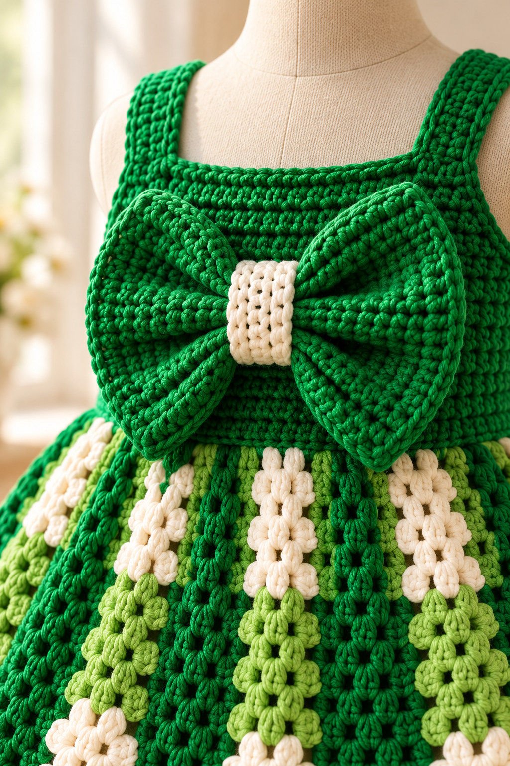 Detail of the crocheted emerald bodice bow with cream center wrap, striped skirt, and cream daisy stitches