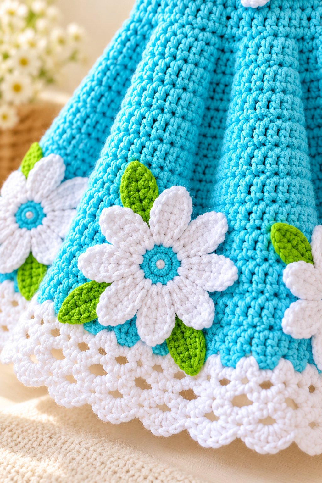 White crocheted daisy and green leaves on turquoise baby frock fabric above a scalloped white hem