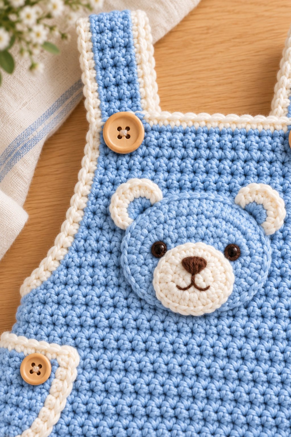 Close-up of the crochet bear appliqué, cream trim, tan button, and textured blue romper stitches