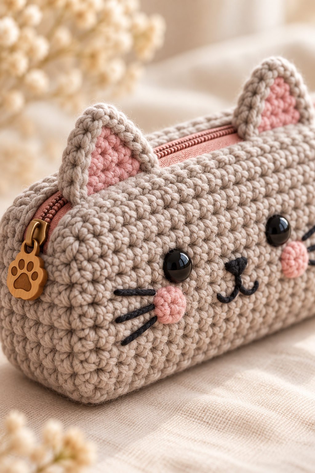 Close-up of crochet cat ears, embroidered whiskers, blush cheeks, and rose zipper