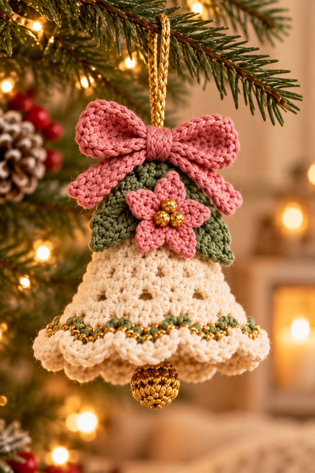 Close-up of a crochet bell with rose flower, sage leaves, scalloped trim, and gold yarn clapper