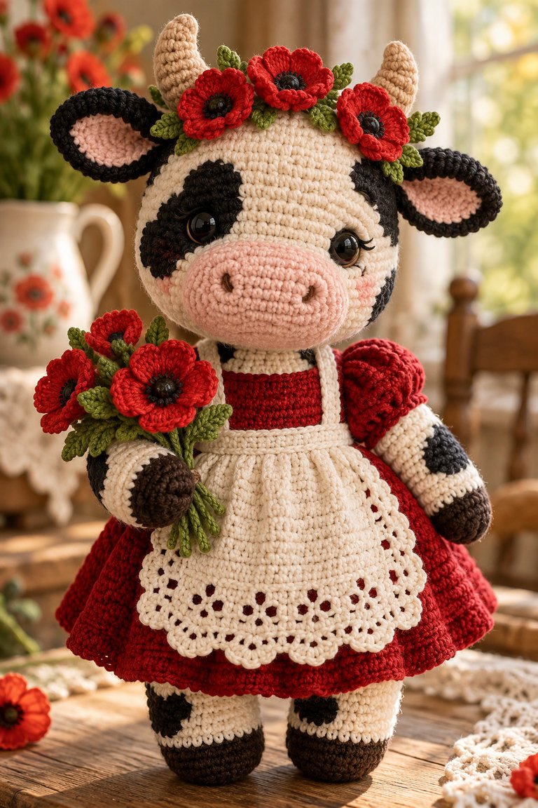 Close-up of a crochet cow face with pink muzzle, red poppy crown, and white apron details