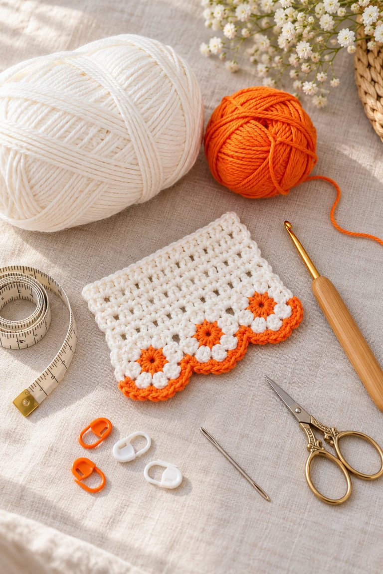 Close-up of a white crochet baby dress with orange flower applique, flutter sleeve trim, and scalloped floral hem