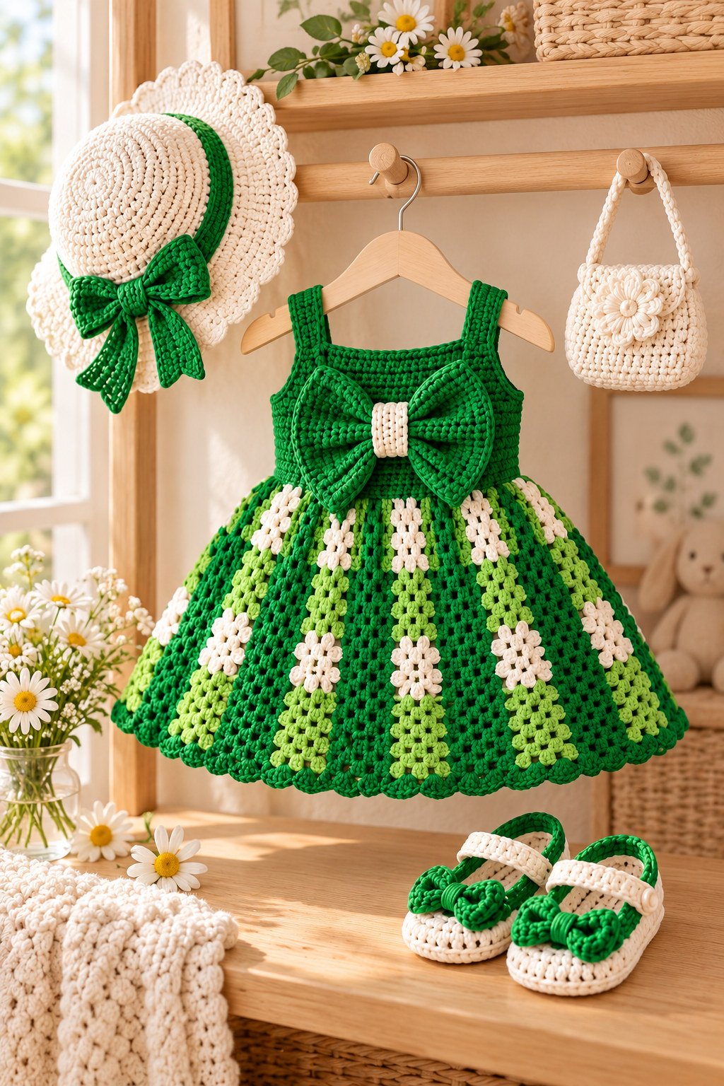 Finished emerald and cream crochet baby dress set styled with a sunhat, flower handbag, and sandals in a bright nursery