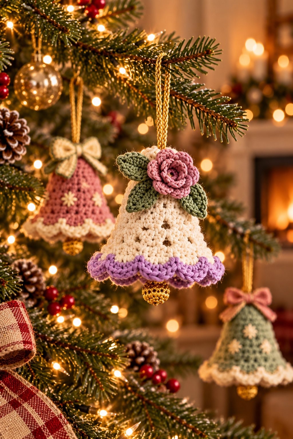 Ivory crochet bell ornament with lavender trim and a rose flower hanging on a Christmas tree