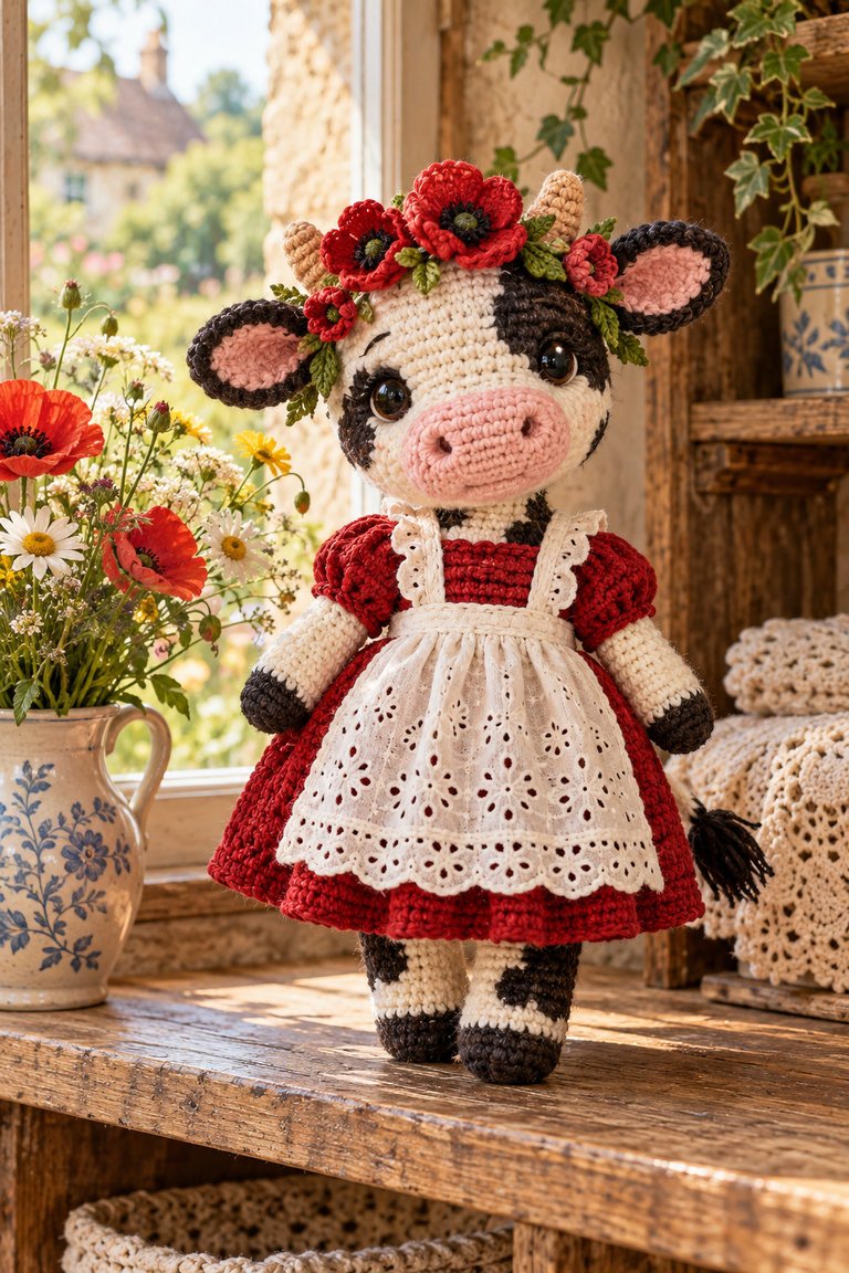 Finished crochet meadow cow in a red dress and white apron posed beside flowers on a rustic shelf