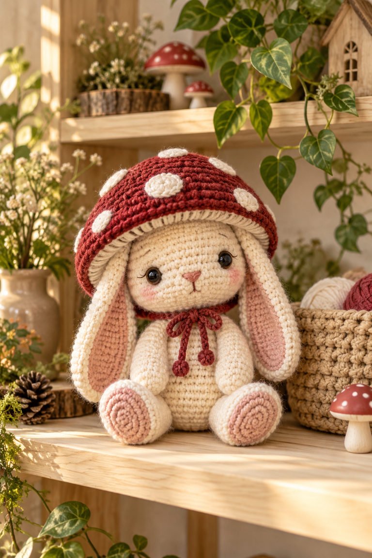 Crochet mushroom bunny plush on a woodland-inspired shelf with soft greenery