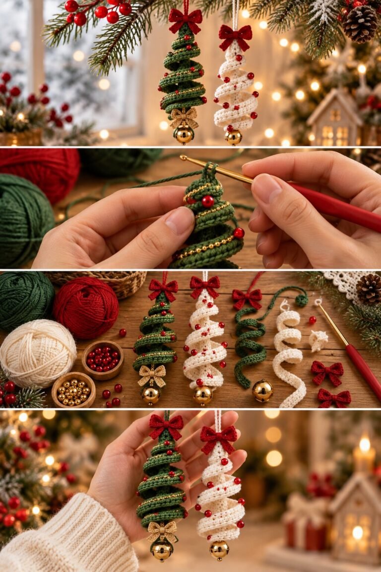 Crochet Ornaments Hanging on Branches Spiral Tree Guide
