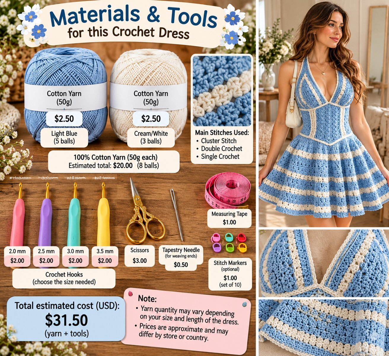 Crochet Blue and White Dress Fitted Bodice Construction